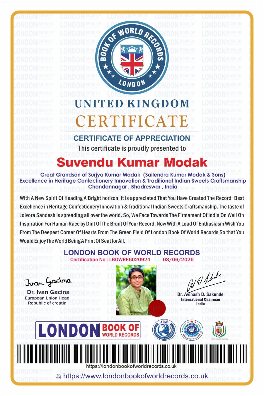 United Kingdom Certificate of Appreciation for Suvendu Kumar Modak from London Book of World Records